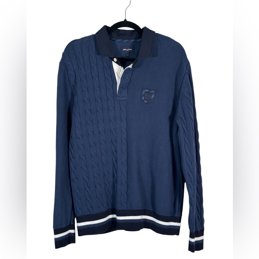 Eden Park Blue Cable Knit Rugby Sweater Mens L Preppy Cotton Luxury Collegiate